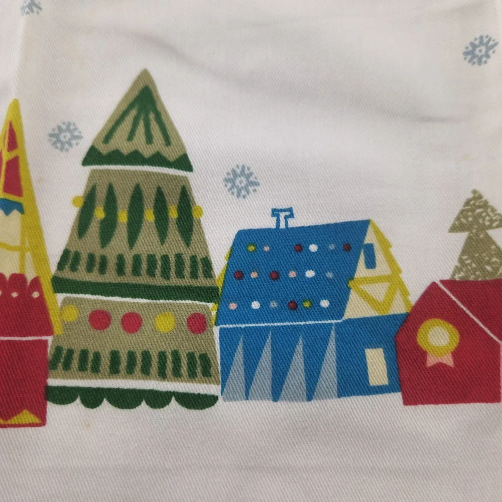 Pier 1 Imports Christmas Tea Towel MCM Village Red Fringe Cotton